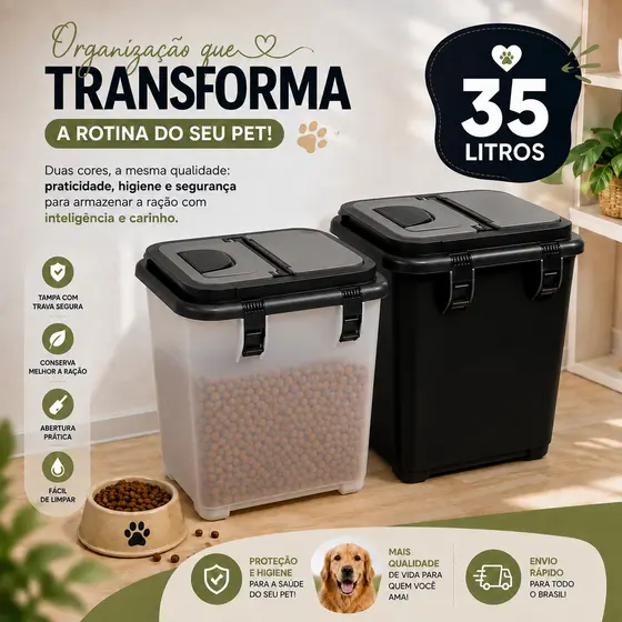 Contêiner Porta Ração 15KG 35 Litros Ração de Cachorro e Gato
