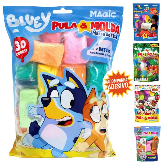 Massa de EVA  Pula e Molda 30 Cores 300gr Dinossauro, Patrulha, 3 Palavrinhas, Turma da Mônica Bluey