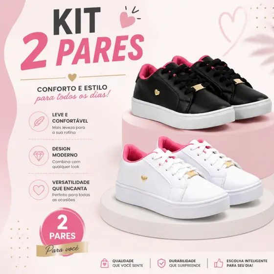 Kit 2 Pares Tênis Infantil Feminino Confortável Leve Com Coração Dourado Estilo Casual