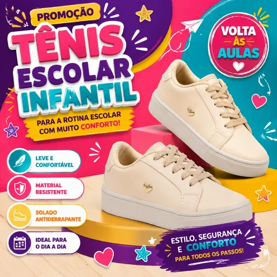 Tênis Infantil Feminino Confortável Leve Com Coração Dourado Estilo Casual Para Uso Diário