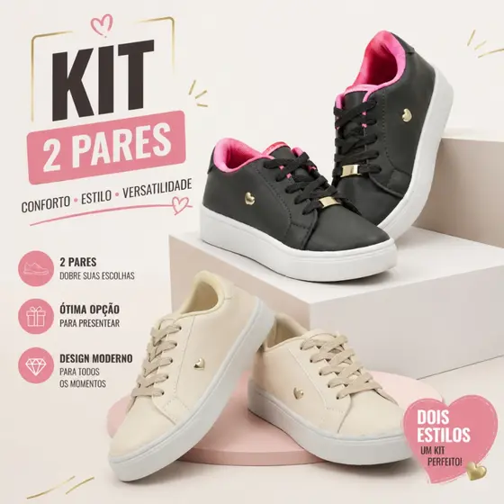 Kit 2 Pares Sapato Infantil Menina Confortável Macio Com Detalhe Coração Moda Escolar