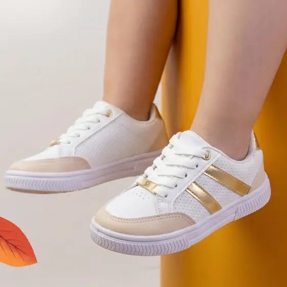 Tênis infantil casual branco e dourado macio leve antiderrapante para escola e passeio