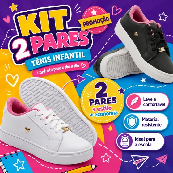 Kit 2 Pares Sapato Infantil Feminino Leve Macio Com Detalhe Coração Metalizado Fofo