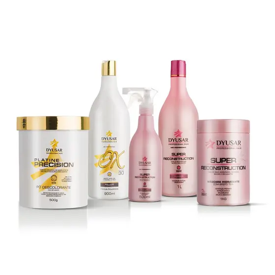 Kit Descoloração Profissional Pó Branco Oxidante de 30 Volumes e Kit Super Reconstrução Capilar