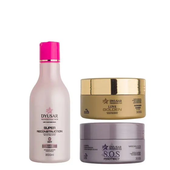 Kit com Mascara S.O.S, Line Golden e Shampoo Super 300ml