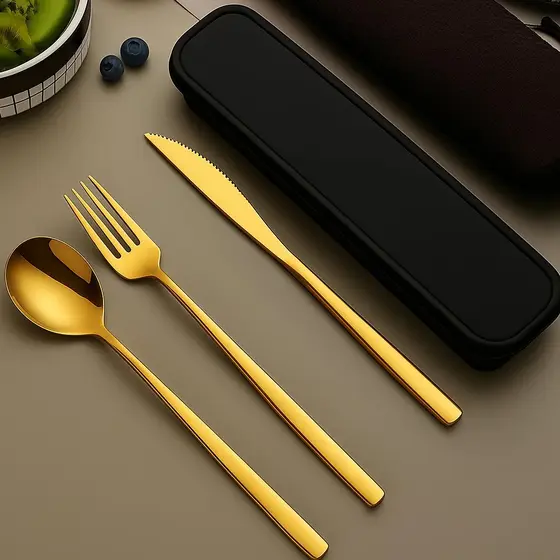 Jogo de talheres 3 peças + Estojo, aço inox Garfo Faca Colher de Mesa Dourado Otima qualidade para se Presentear SH-XXX