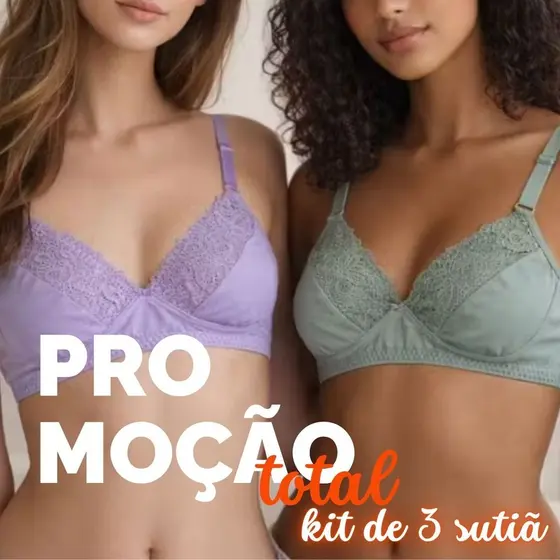 Kit de 3 Peças de Sutiã Sem Bojo Reforçado Com Detalhe Renda Microfibra para Dia a Dia