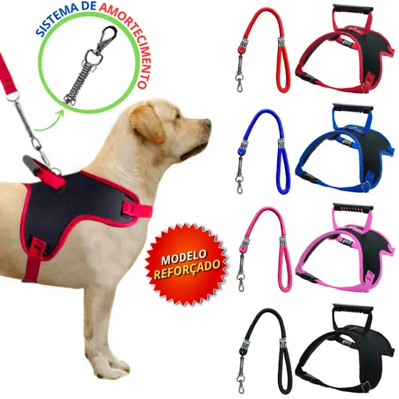 Coleira Peitoral Guia com Amortecedor Peiteira Para Cachorros Fortes Porte Grande e Médio
