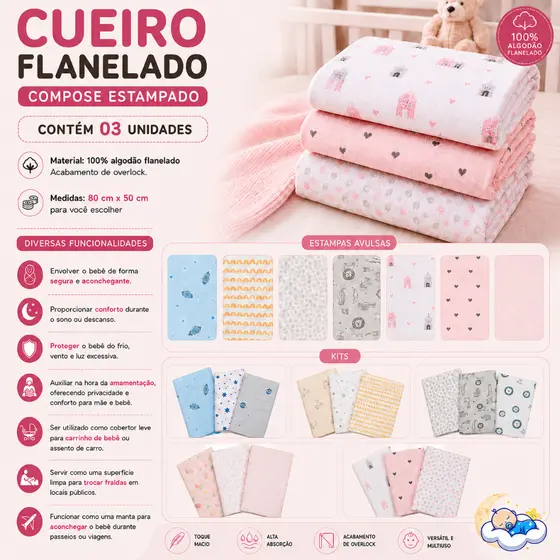 KIT C/3 e 6 UND DE CUEIROS FLANELADO MANTA ESTAMPADO - 80x50 - BEBÊ PAPI COMPOSE