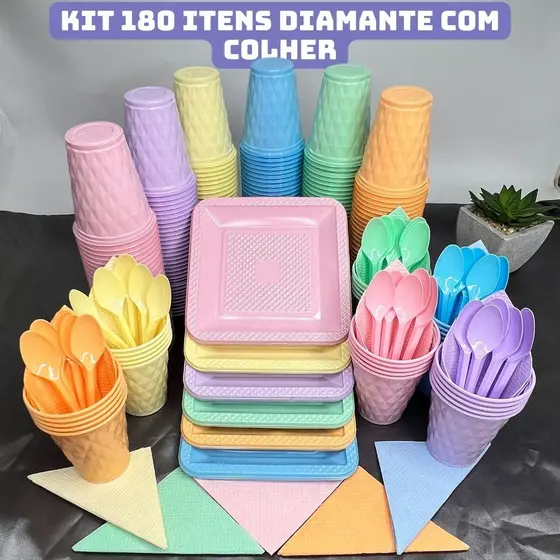 Kit 180 Itens Completo Festa Aniversário Candy Pastel Descartável Pratinho Colher Copo Guardanapo P/ 40 Pessoas
