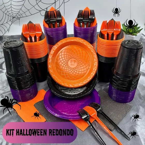Kit 200 Itens Festa Aniversário Completo Halloween Descartável Pratinho Copo Garfo Guardanapo