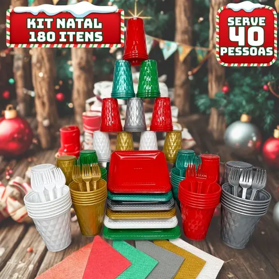 Kit 180 Itens P/ 40 Pessoas Festa Aniversário Completo Tema Natal Descartável Luxo Pratinho Copo Garfo Guardanapo
