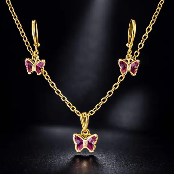 Conjunto Infantil Antialérgico Colar e Brinco Borboletas Rosa No Ouro 18k e Prata 925, Kit Infantil.