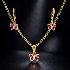Conjunto Infantil Antialérgico Colar e Brinco Borboletas Rosa No Ouro 18k e Prata 925, Kit Infantil.