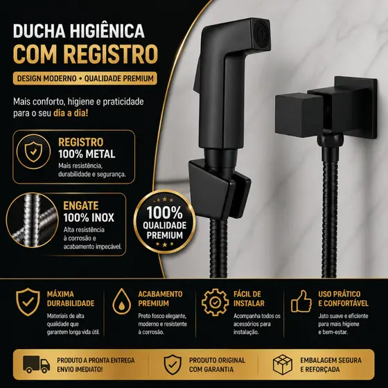 Ducha Higiênica Quadrada Preta Inox Para Banheiro, Ducha de Luxo Intima, Bidê, Chuveirinho de mão