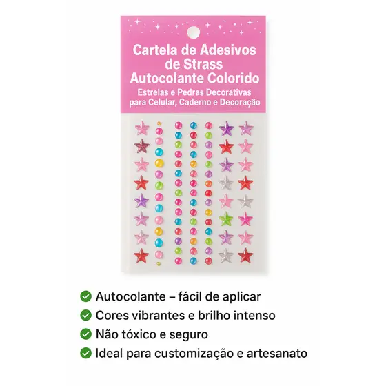 Cartela de Adesivos de Strass Autocolante Colorido – Estrelas e Pedras Decorativas para Celular, Caderno e Decoração