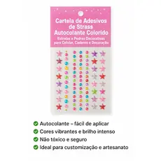 Cartela de Adesivos de Strass Autocolante Colorido – Estrelas e Pedras Decorativas para Celular, Caderno e Decoração