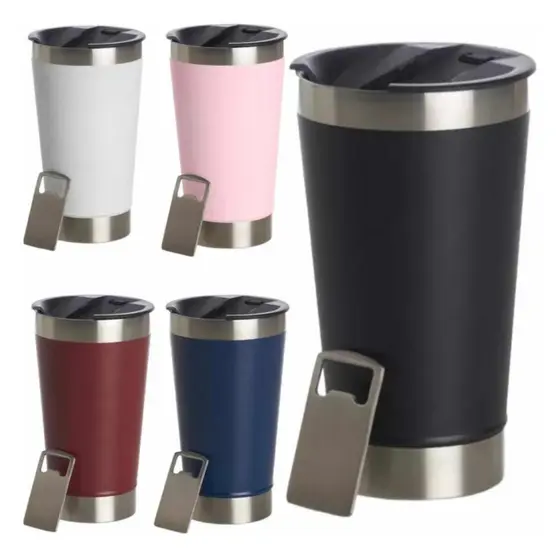 Kit 2 Copo Térmico Inox 473/420ml Com Abridor De Garrafa Diversas Cores Café Chá