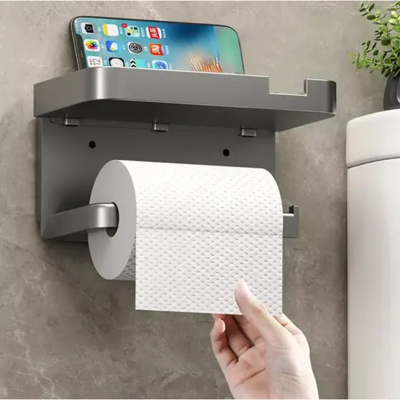 Suporte Papel Higiênico 2 Em 1 Porta Rolo Com Prateleira Metálico Cinza Instalação Sem Furos