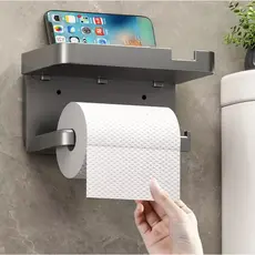 Suporte Papel Higiênico 2 Em 1 Porta Rolo Com Prateleira Metálico Cinza Instalação Sem Furos