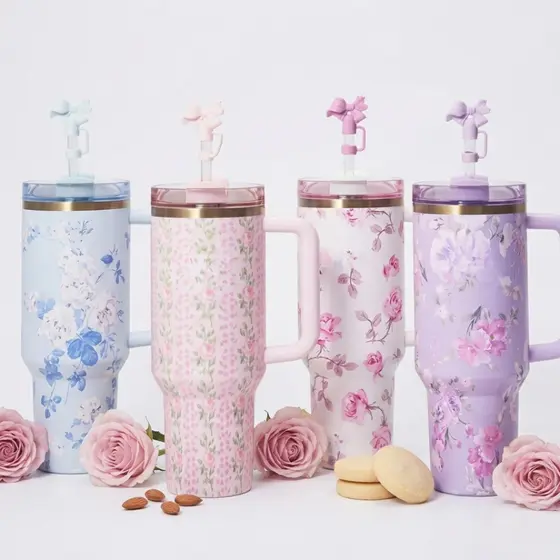Copo Garrafa Térmica Inox 1200ml Estampa Floral Com Canudo E Alça