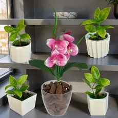 Conjunto 2 Decorações - 4 Mini Vasinhos + Vaso Médio em Acrílico com Plantas Artificiais Decorativas