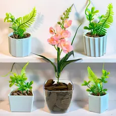 Combo Decorativo 1 Kit Acrílico + 4 Vasinhos com Folhagem Artificial