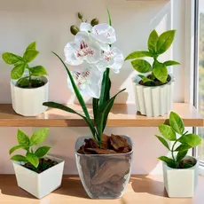Kit Vasos 2 Decorações com Plantinhas Artificiais | Vaso Médio em Acrílico + 4 Mini Vasos em Plástico para Decorar