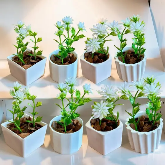 Conjunto com 8 Mini Vasos Decorativos com Plantas Artificiais Realistas