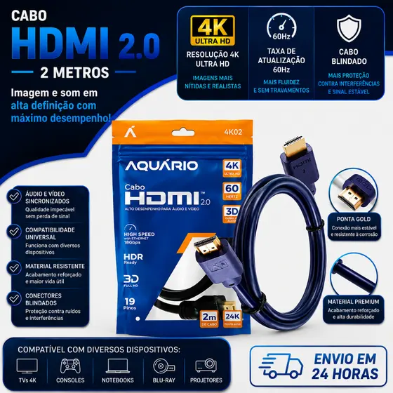Cabo Hdmi 2.0 4k Blindado 2 metros Ponta Gold 60hz Aquário
