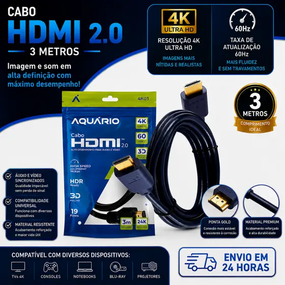 Cabo Hdmi 2.0 4k Blindado 3 metros Ponta Gold 60hz Aquário