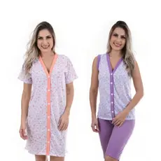 Pijama Com Camisola Aberta e Pescador Aberto Regata , Kit Com 2 Peças  Pós Cirúrgico Ou Amamentaçã0