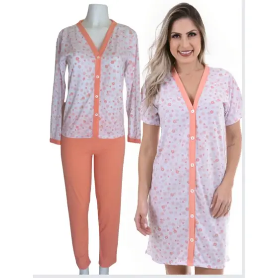 Pijama + Camisola 2 Itens Pijama Cirúrgico e Camisola Amamentação