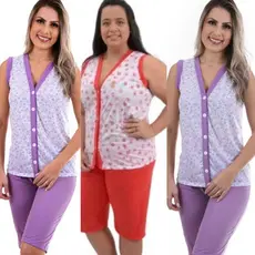 Pijama Regata pescador Aberto pós Cirúrgico Kit 3 Conjutos, Amamentação.