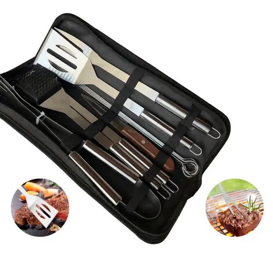 Kit Churrasco Completo 10 Itens Para um Churrasco Premium Espetos, Espátula, Pegador, Garfo, Faca e Limpador de Grelha