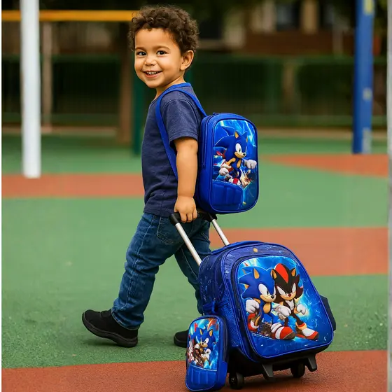 Kit Escolar Infantil Bolsa Lancheira Estojo Estampas 3D Menina e Menino