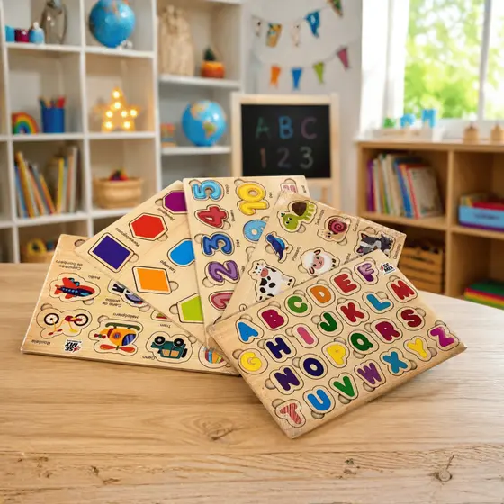 Kit 5 Quebra Cabeças Educativos MDF Alfabeto Números e Formas Geométricas Brinquedo Montessori