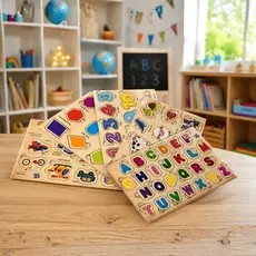 Kit 5 Quebra Cabeças Educativos MDF Alfabeto Números e Formas Geométricas Brinquedo Montessori