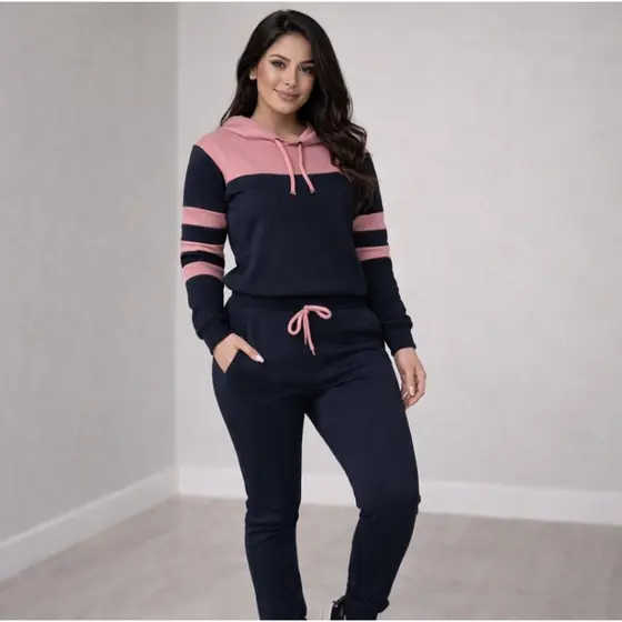 Conjunto Agasalho Feminino Malha Crepe Calca e Blusa Manga Longa Com Touca Capuz