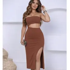 Vestido Feminino Grécia Canelado Premium Tomara que Caia Fenda na Lateral