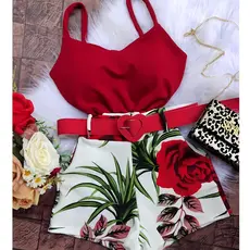 Conjunto Feminino Regata com Bojo Short Cintura Alta com Cinto Conjuntinho Casual Moda Verão Boutique