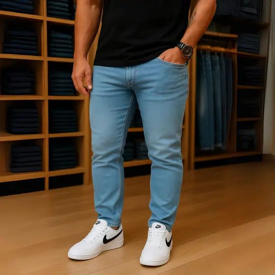 Calça Masculina Slim Azul Claro Jeans Masculino Elastano Premium | Tendência Moda 2026 Casual