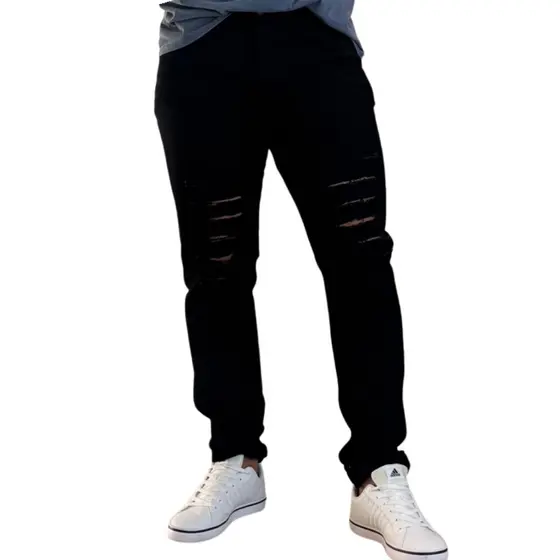 CALÇA Jeans Masculina RASGADA Slim PRETA BARRA FEITA - ELASTANO PREMIUM - Tendência 2026