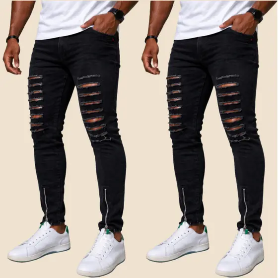 KIT 2 Calça Masculina Jeans Preta Rasgada Ziper C/ Elasticidade | Lycra Elastano