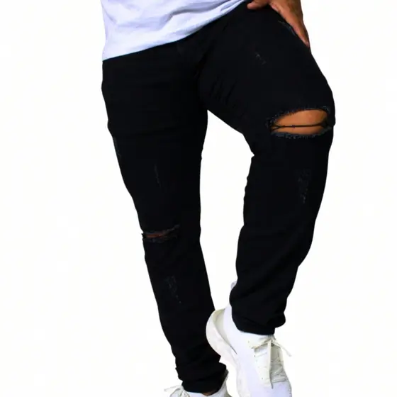 Calça Jeans Masculina Preta Rasgada Destroyed Com Puído Elastano Lycra Premium - Envio Imediato
