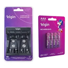 Carregador Usb-c + 4 Pilhas Aaa 1000mah Recarregável Elgin