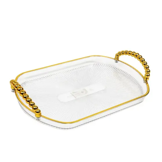 Bandeja Retangular Decorativa 34x22cm Transparente com Alças Douradas Luxo Multiuso Organizadora