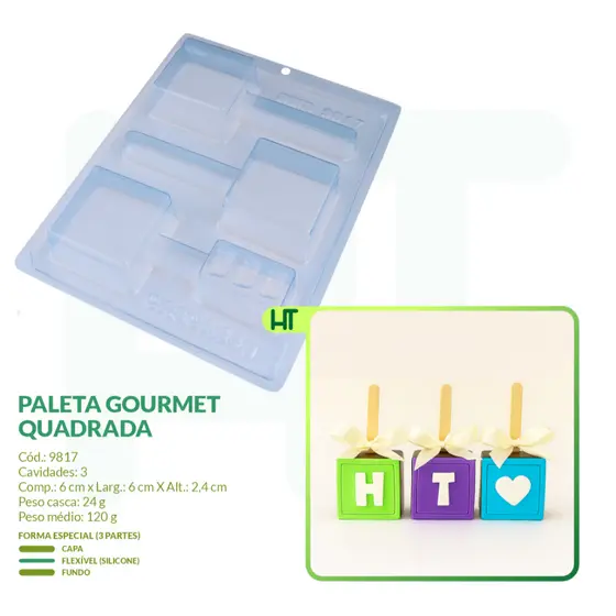 Forma para Chocolate - Paleta Gourmet Quadrada BWB 9817 - Pão de Mel ou Bolo no Palito