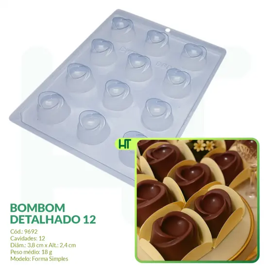 Forma Simples - Bombom Detalhado 12 BWB 9692 - Forma para Chocolate - Doces Finos e Delicados