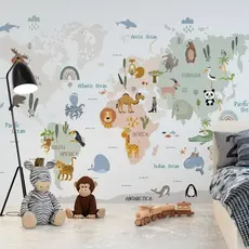 Papel de Parede Mapa Múndi Animais Infantis em Suas Regiões